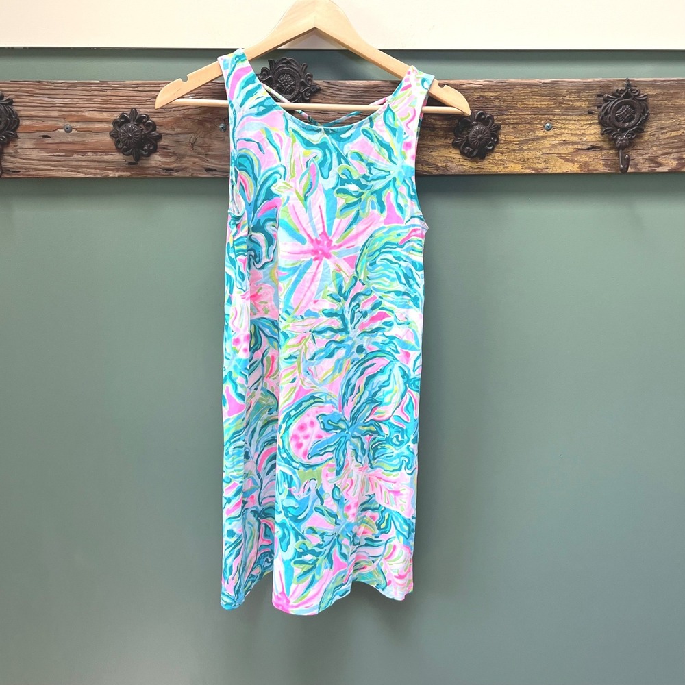 Lilly Pulitzer XS Pink Blue Green Tropical Floral Pima Cotton Strappy Back Dress